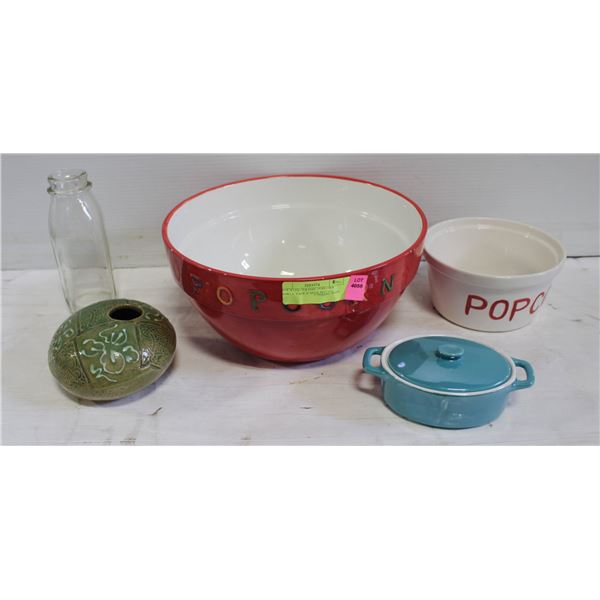 BOX WITH CERAMIC POPCORN BOWLS, VASE & MILK BOTTLE
