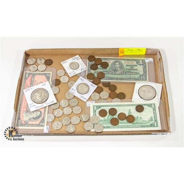 FLAT OF COLLECTIBLE COINS & CURRENCY WITH