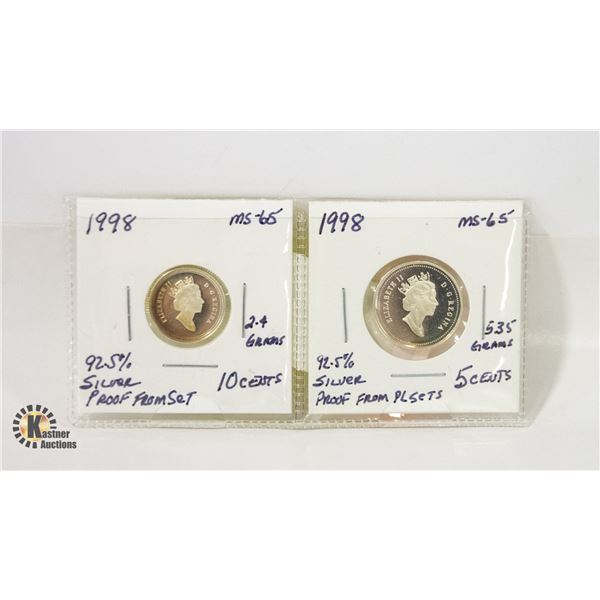 1998 92.5% SILVER 10 AND 5 CENTS FROM PROOF SET