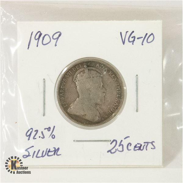 1909 KING EDWARD 92.5% SILVER 25 CENTS