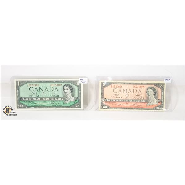 1954 ONE AND TWO DOLLAR BILLS