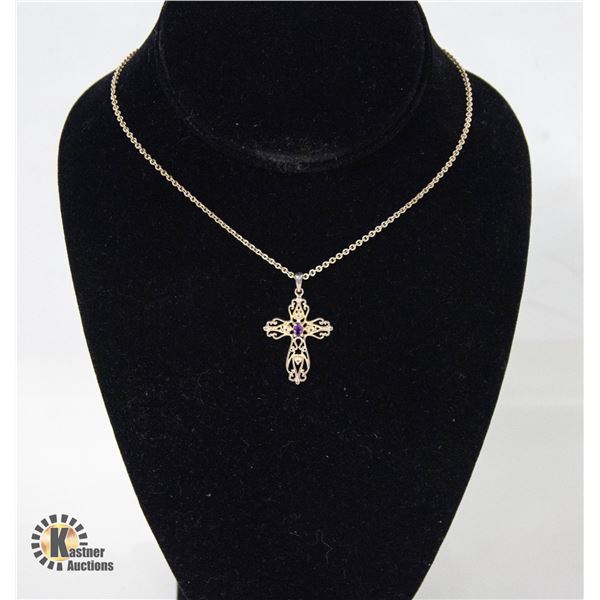 ESTATE 925 SILVER AMETHYST CROSS NECKLACE IN BOX