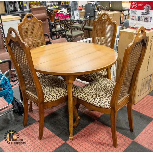 WOODEN TABLE + 4 CANE BACK CHEETAH PRINT CHAIRS