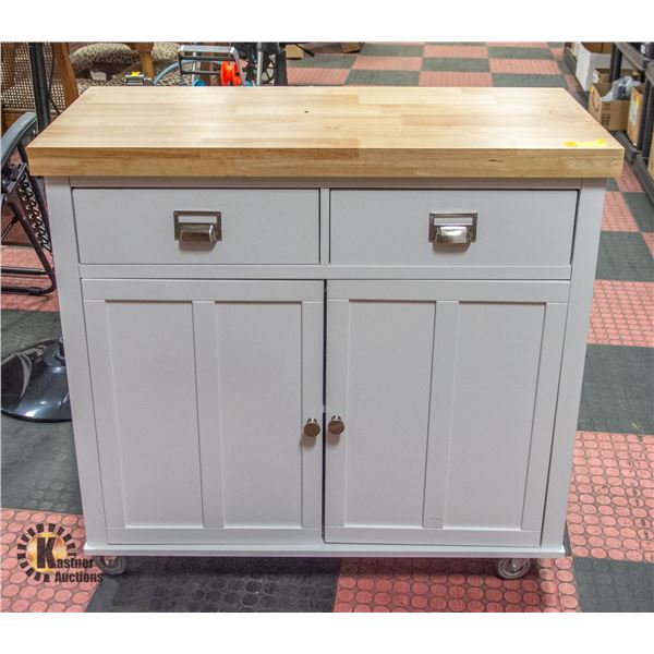 WOOD TOP BUFFET ON WHEELS H-37.25" W-17.5" L-38.5"
