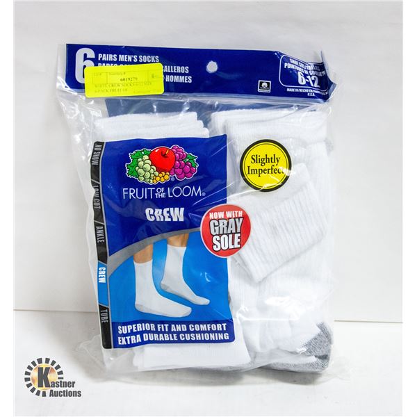 WHITE CREW SOCKS 6-12 SIZE 6-PACK FRUIT OF