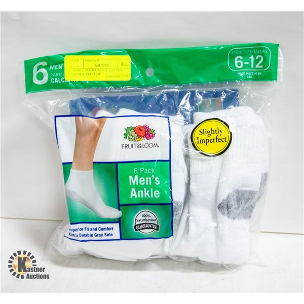 ANKLE SOCKS WHITE 6-12 SIZE 6-PACK FRUIT OF
