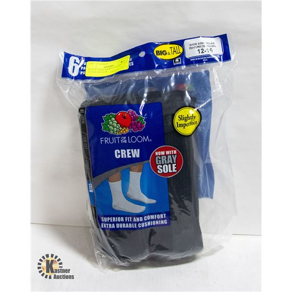 BLACK CREW SOCKS 12-16 SIZE 6-PACK FRUIT OF