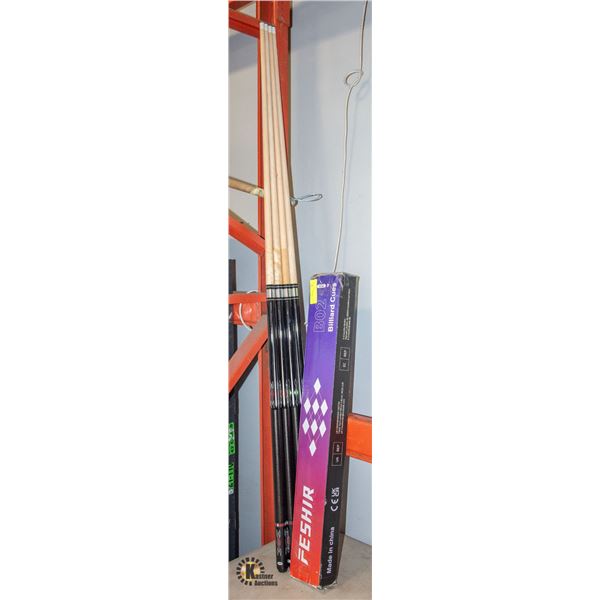 NEW SET OF 4 FESHIR 2 PIECE POOL CUES, 58"
