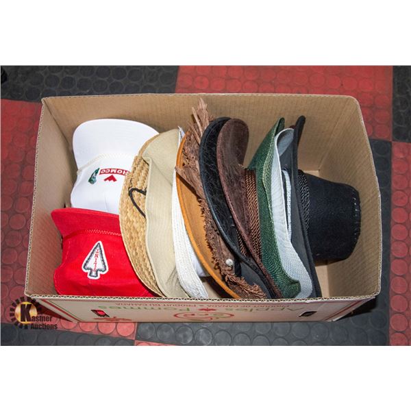 BOX OF APPROX 20 VARIOUS HATS (COWBOY & TRUCKER)
