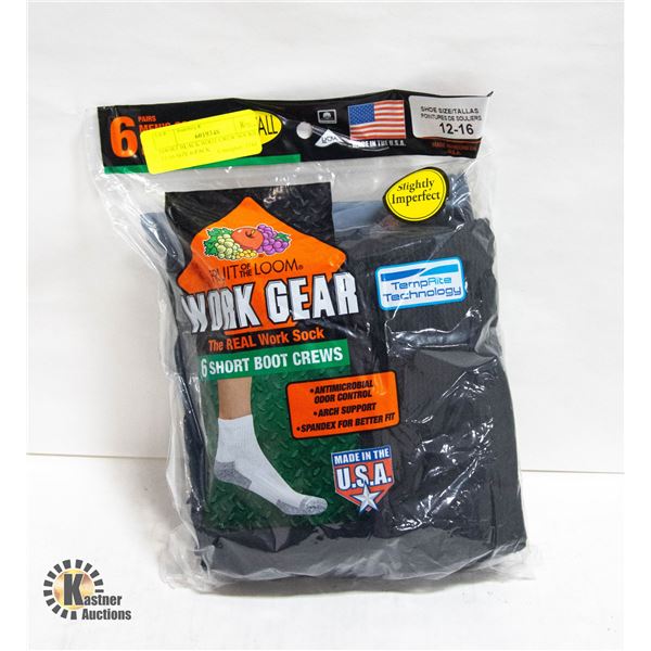 SHORT BLACK BOOT CREW SOCKS 12-16 SIZE 6-PACK