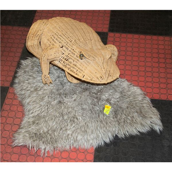VINTAGE WICKER FROG BASKET & FAUX FUR SHEEPSKIN