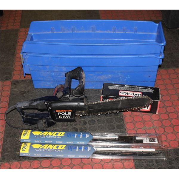 REMINGTON ELECTRIC CHIANSAW, 2 BLUE PLASTIC BINS
