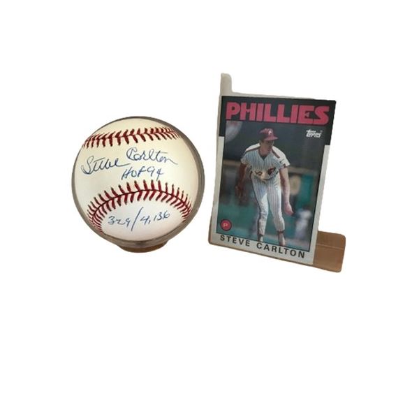 Steve Carlton Signed Baseball and Trading Card