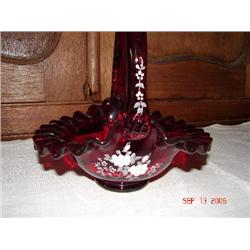 FENTON ROSES ON RUBY BASKET, SIGNED BY ARTIST