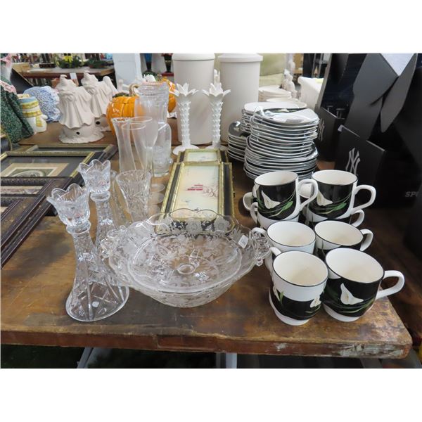 Asst. Glassware, Vases, Bowls, Candle Sticks, Sango Dishes