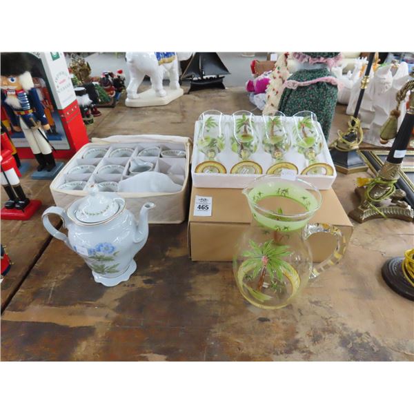Hand Painted Palm Tree Glass Wine Stems, Tiensha China Cups w/Teapot
