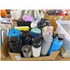 Image 1 : Box of Asst. Tervis Cups, Books, Umbrella, Travel Items