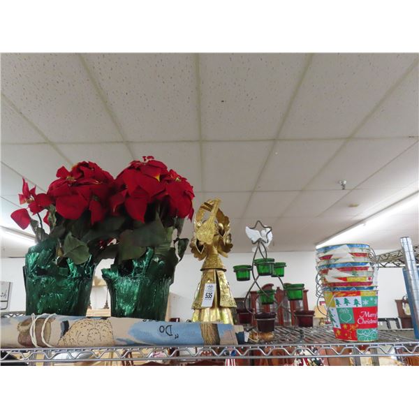 Silk Plants, Gold Angel, Christmas Bucket, Tapestry - Shelf