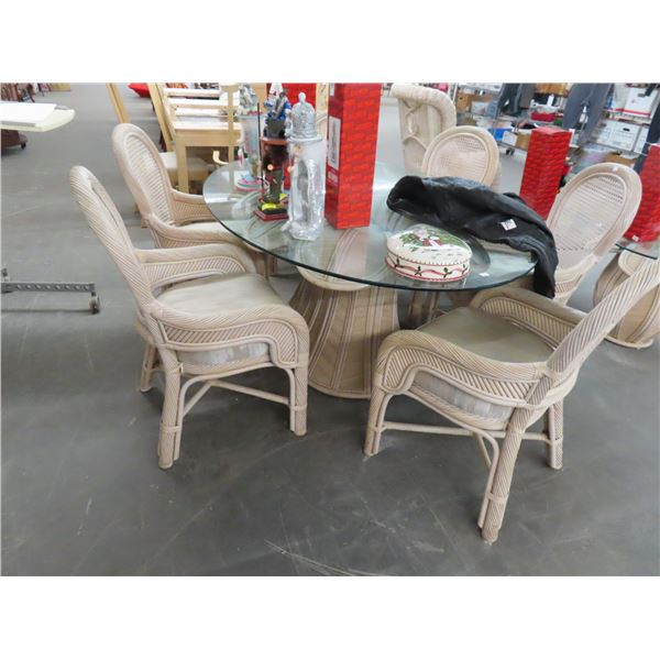 Glass Top Rattan Oval Dining Table w/6 Rattan Chairs