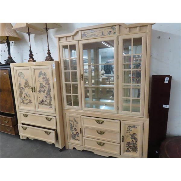 Oriental Painted Dining Table w/2 Leafs & 6 Chairs, Hutch, Armoire/TV Cabinet