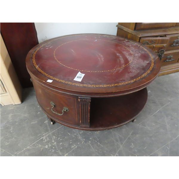Mahogany Round Leather Inlay Coffee Table