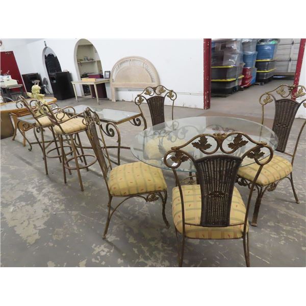 Glasstop Iron Base Dining Table w/Wrought Iron Chairs 4, Wrought Iron Bar Stools 2, Glass