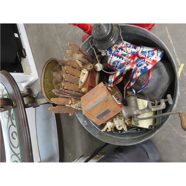 Alum. Tub w/Asst. Vintage Lantern, Grinder, Canister, Light and More