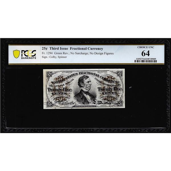 1863 Third Issue 25 Cents Fractional Currency Note Fr.1294 PCGS Choice Unc 64