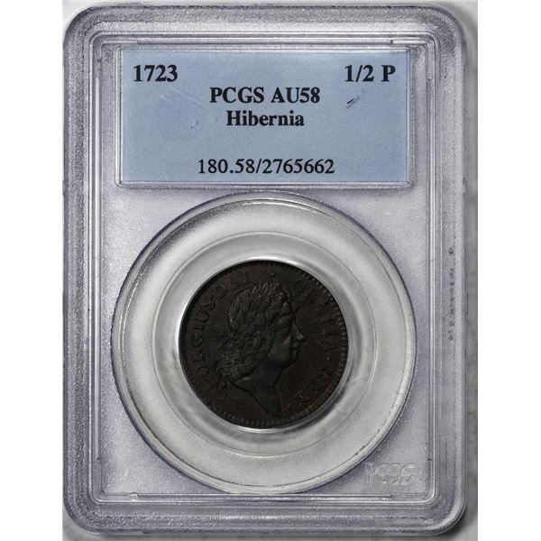 1723 1/2 Penny Hibernia Colonial Copper Coin PCGS AU58