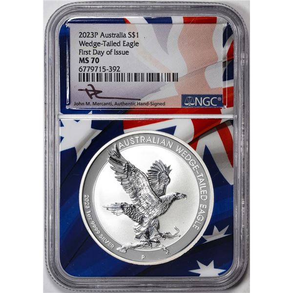 2023P Australia $1 Wedge Tailed Eagle Silver Coin NGC MS70 FDOI Flag Core Mercanti