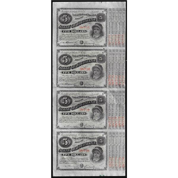 Uncut Sheet of (4) State of Louisiana Baby Bond Obsolete Notes