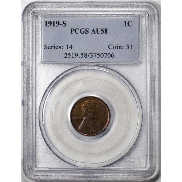 1919-S Lincoln Wheat Cent Coin PCGS AU58