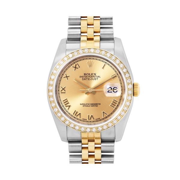 Rolex Mens Two Tone Champagne Roman Diamond Datejust Wristwatch With Rolex Box