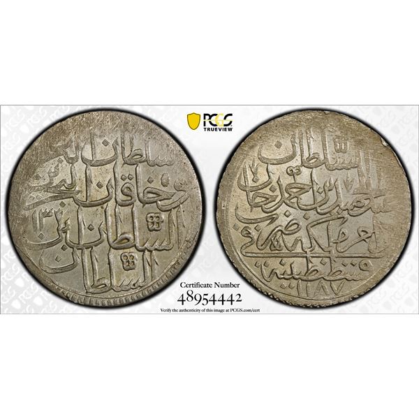 OTTOMAN TURKEY: Abdul Hamid I, 1774-1789, AR 2 zolota (altmislik), Kostantiniye, AH1187 year 13, PCG