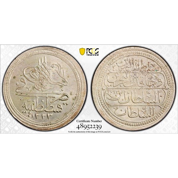 OTTOMAN TURKEY: Mahmud II, 1808-1839, AR kurush, Kostantiniye, AH1223 year 13, PCGS MS63