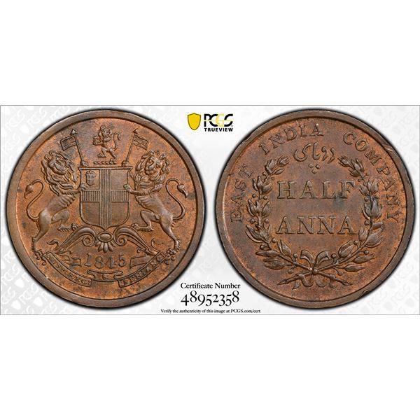 BRITISH INDIA: Victoria, Queen, 1837-1876, AE 1/2 anna, 1845(c), PCGS MS63 BN
