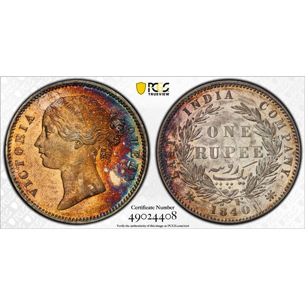 BRITISH INDIA: Victoria, Queen, 1837-1876, AR rupee, 1840 (b or c), PCGS AU58