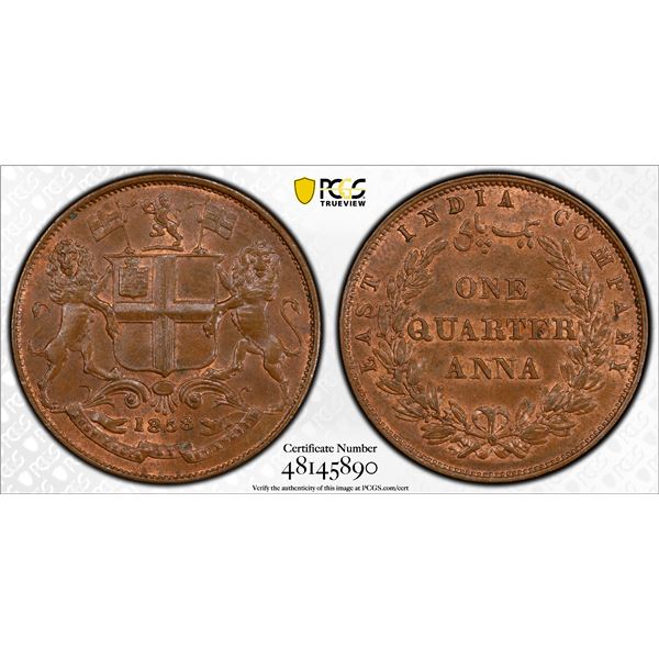 BRITISH INDIA: Victoria, Queen, 1837-1876, AE 1/4 anna, 1858(h), PCGS MS64 BN