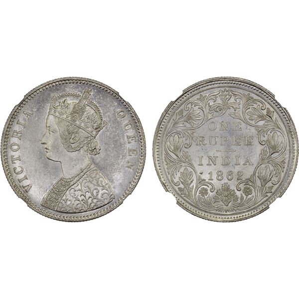 BRITISH INDIA: Victoria, Queen, 1837-1876, AR rupee, 1862(b), NGC MS62