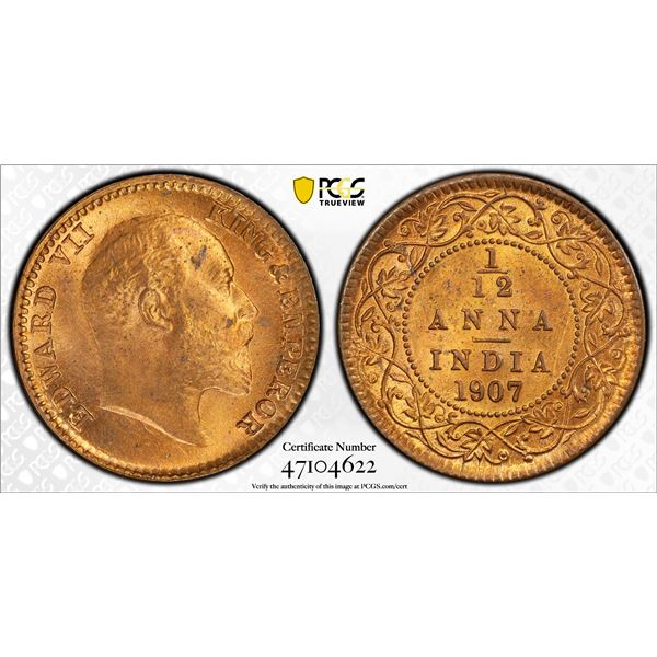 BRITISH INDIA: Edward VII, 1901-1910, AE 1/12 anna, 1907(c), PCGS MS64 RB