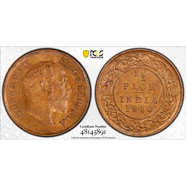 BRITISH INDIA: Edward VII, 1901-1910, AE 1/2 pice, 1910(c), PCGS MS63 BN