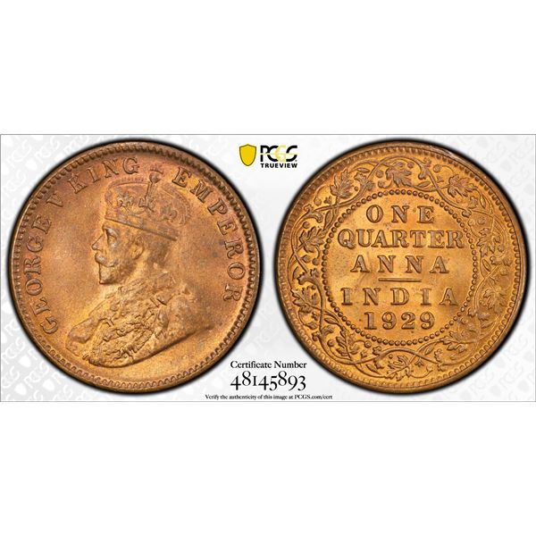 BRITISH INDIA: George V, 1910-1936, AE 1/4 anna, 1929(c), PCGS MS65 RB