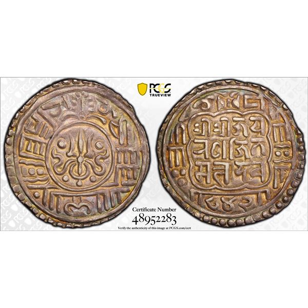 NEPAL: BHATGAON: Ranajit Malla, 1722-1769, AR mohar, NS842 (1722), PCGS AU55