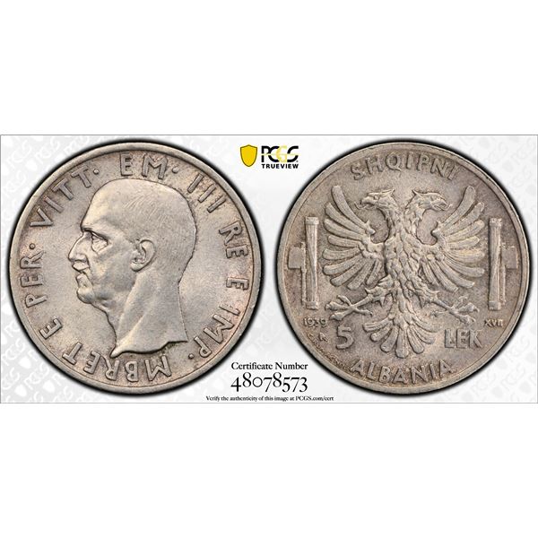 ALBANIA: Vittorio Emanuele III, 1900-1946, AR 5 lek, 1939 year XVII, PCGS MS62
