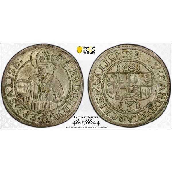 AUSTRIA: SALZBURG: Max Gandolf von Kuenburg, 1668-1687, AR 3 kreuzer, 1681, PCGS MS63