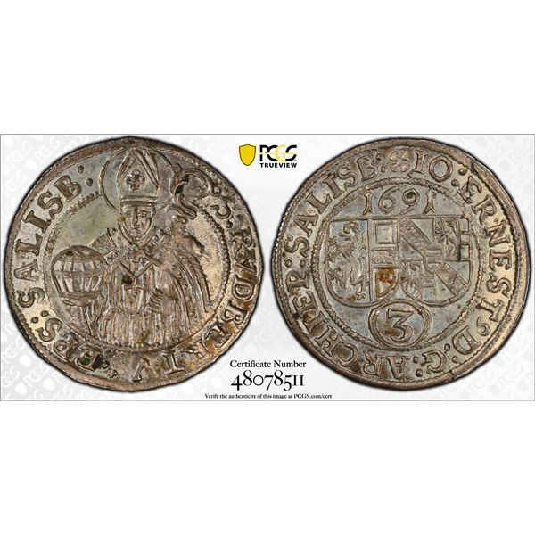 AUSTRIA: SALZBURG: Johann Ernst von Thun, 1687-1709, AR 3 kreuzer, 1691, PCGS MS63
