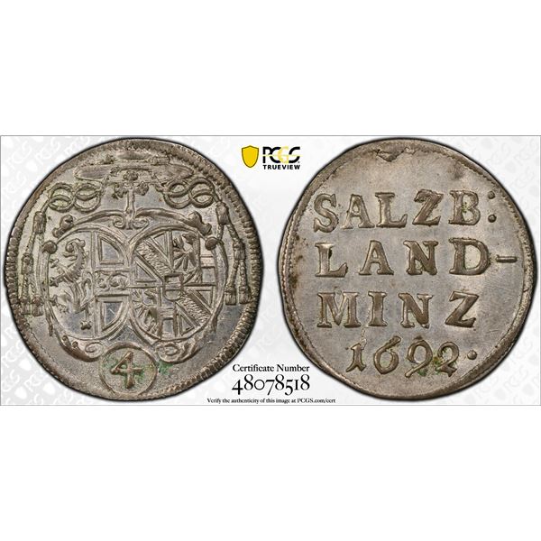 AUSTRIA: SALZBURG: Johann Ernst von Thun, 1687-1709, AR 4 kreuzer, 1692, PCGS MS62