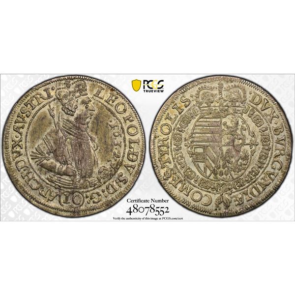 AUSTRIA: Leopold V, 1623-1632, AR 10 kreuzer, Hall, 1632, AU58