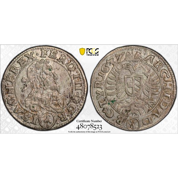 AUSTRIA: Ferdinand III, 1637-1657, AR 3 kreuzer, Vienna, 1637, PCGS AU58
