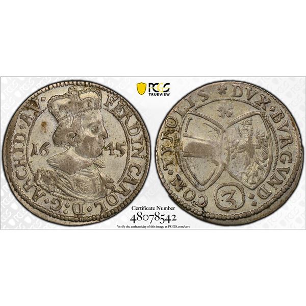 AUSTRIA: Ferdinand III, 1637-1657, AR 3 kreuzer, Hall, 1645, PCGS AU55